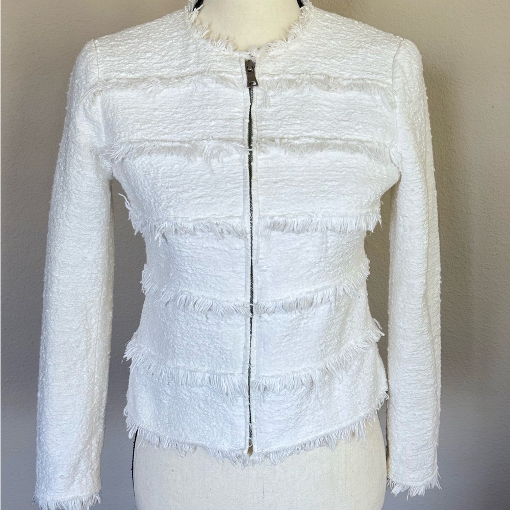 Rebecca Taylor White Textured Fringe Zip Jacket